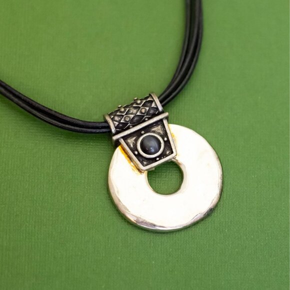 18 inch, Vintage Circular Coin Pendant Black Lace Necklace by Chiccos - K46 - Picture 1 of 3